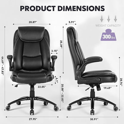 MALOL 300lbs Office Chair with Flip-Up Armrests & Reclining Backrest, Ergonomic PU Leather Executive Desk Chair-Adjustable Height & Tilt Tension, Black