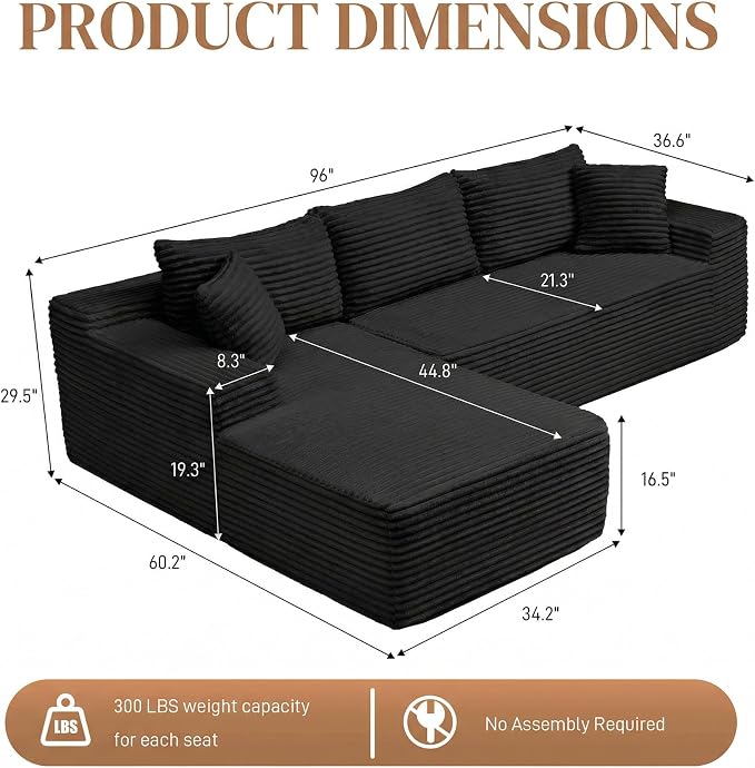 96" L Shaped Cloud Boneless Sectional Couches for Living Room, Modern Comfy Modular Deep Seat Memory Foam Compressed Corduroy Sofa Oversized Left Facing Chaise, No Assembly Required, Balck