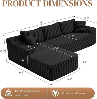 96" L Shaped Cloud Boneless Sectional Couches for Living Room, Modern Comfy Modular Deep Seat Memory Foam Compressed Corduroy Sofa Oversized Left Facing Chaise, No Assembly Required, Balck