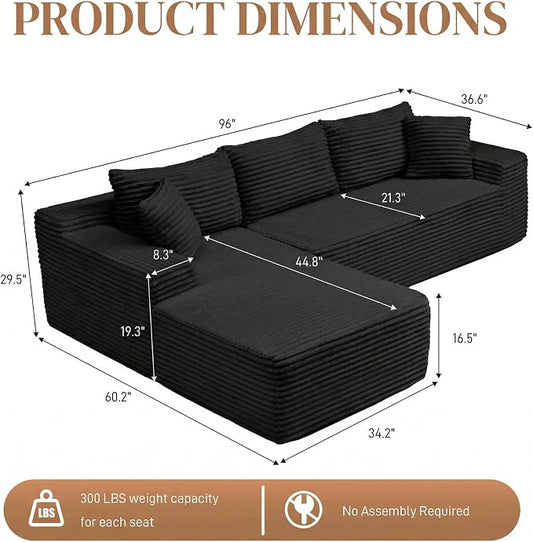 96" L Shaped Cloud Boneless Sectional Couches for Living Room, Modern Comfy Modular Deep Seat Memory Foam Compressed Corduroy Sofa Oversized Left Facing Chaise, No Assembly Required, Balck