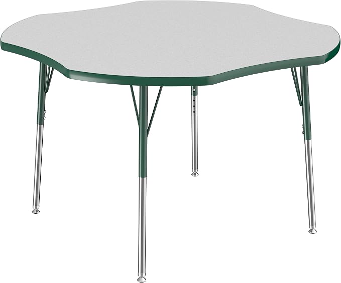 FDP Clover Activity School and Office Table (48 x 48 inch), Standard Legs with Swivel Glides for Collaborative Seating Environments, Adjustable Height 19-30 inches - Gray Top and Green Edge