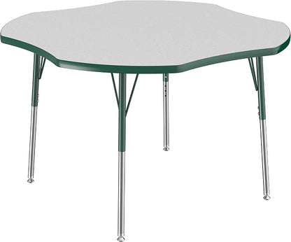 FDP Clover Activity School and Office Table (48 x 48 inch), Standard Legs with Swivel Glides for Collaborative Seating Environments, Adjustable Height 19-30 inches - Gray Top and Green Edge