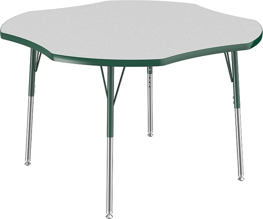 FDP Clover Activity School and Office Table (48 x 48 inch), Standard Legs with Swivel Glides for Collaborative Seating Environments, Adjustable Height 19-30 inches - Gray Top and Green Edge