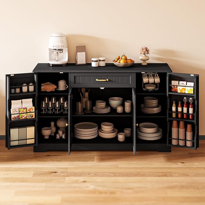Gizoon 56" Kitchen Coffee Bar Cabinet with Storage Kitchen Sideboard Buffet Cabinet with Drawers, Short Pantry with Door and Shelves for Bathroom and Living Room, Black