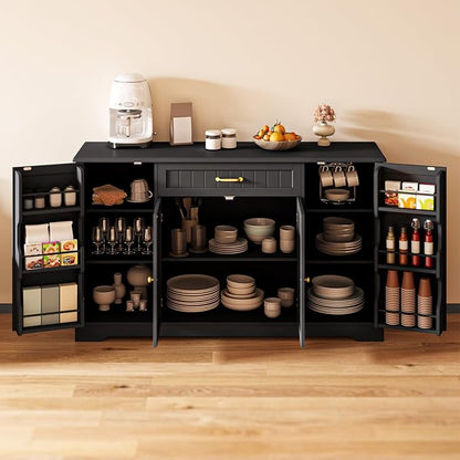 Gizoon 56" Kitchen Coffee Bar Cabinet with Storage Kitchen Sideboard Buffet Cabinet with Drawers, Short Pantry with Door and Shelves for Bathroom and Living Room, Black
