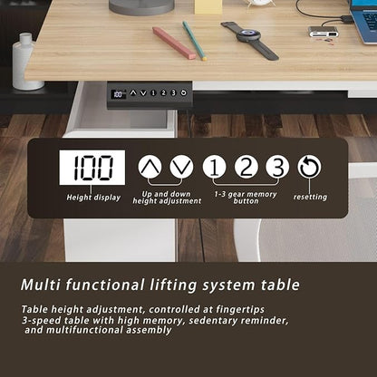 MOUMON L Shaped Standing Desk with Drawers and Shelves, Executive Adjustable Height Desk, L-Shaped Design, 63 inch Tabletop, for Office Oak and White (63”W x 63”D x 28.9-45.3”H)