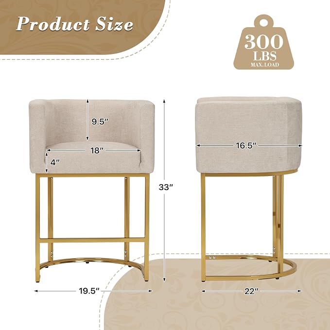 Athena Collection Counter Height Bar Stools Set of 2, 24 Inches Upholstered Barstool Set of 2 with Back and Metal Base, Modern Bar Stool Chairs for Kitchen Island, Dining Room, White