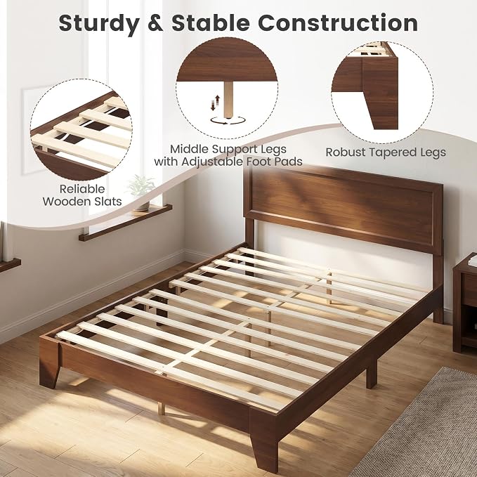 KOMFOTT Queen Size Bed Frame, Mid-Century Modern Platform Bed with Headboard, Wooden Slat Support Mattress Foundation, Under-Bed Storage Space, No Box Spring Needed (Walnut,Queen)