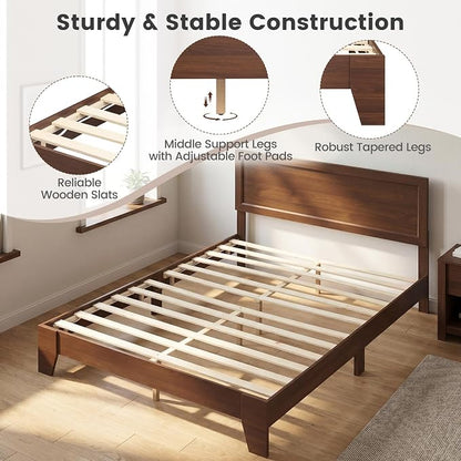 KOMFOTT Queen Size Bed Frame, Mid-Century Modern Platform Bed with Headboard, Wooden Slat Support Mattress Foundation, Under-Bed Storage Space, No Box Spring Needed (Walnut,Queen)