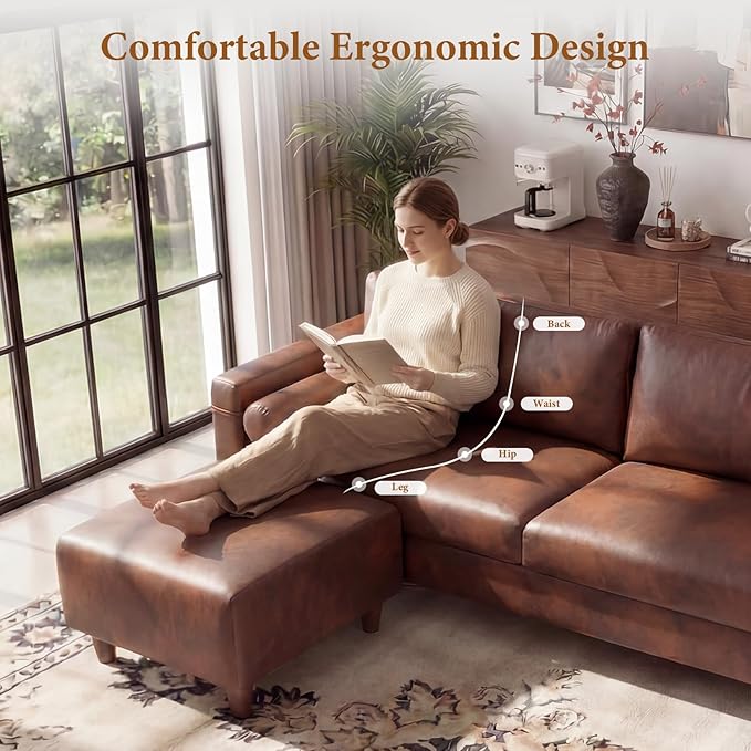 Vesgantti 100" PU Faux Leather Couch with Movable Ottoman, Large 3 Seater L Shaped Leather Sectional Sofa with Side Pocket, Comfy Mid Century Modern Modular Sofa for Living Room, Apartment, Cocoa