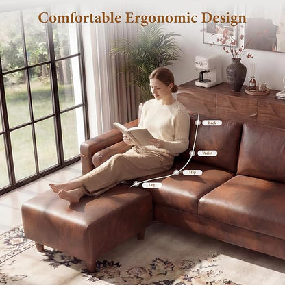 Vesgantti 100" PU Faux Leather Couch with Movable Ottoman, Large 3 Seater L Shaped Leather Sectional Sofa with Side Pocket, Comfy Mid Century Modern Modular Sofa for Living Room, Apartment, Cocoa