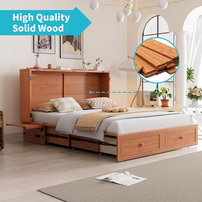CECER Cherry Murphy Bed Cabinet with Mattress, Space-Saving Folding Bed