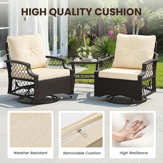 3-Piece Patio Furniture Set, Wicker Outdoor Bistro Set Swivel Glider Patio Chairs x 2 with Cushions, High Back All-Weather Rattan Outdoor Furniture for Porch, Backyard (Beige + Wicker)