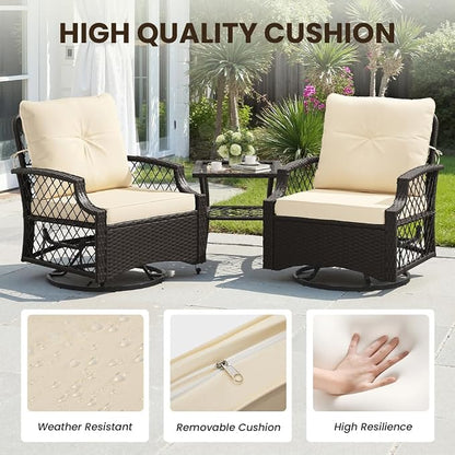 3-Piece Patio Furniture Set, Wicker Outdoor Bistro Set Swivel Glider Patio Chairs x 2 with Cushions, High Back All-Weather Rattan Outdoor Furniture for Porch, Backyard (Beige + Wicker)