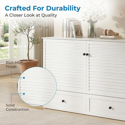 Mjkone 63" W Queen Size Murphy Bed Cabinet with Mattress & USB Charging Station, Modern Guest Beds Chest Cabinet Bed with Storage Drawer for Bedroom Home Apartment, White