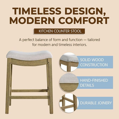 ROME + OAK Parker 26 Inch Counter Stool, Backless Saddle Kitchen Barstool in Natural Finish with Cream Fabric Upholstery Cushion Seat