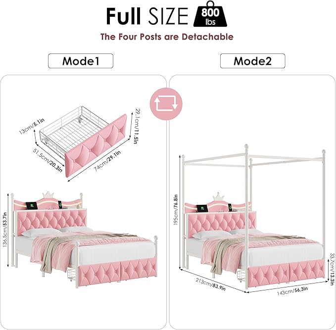 Keyluv Full Size Upholstered LED Canopy Bed Frame with Charging Station and Drawer, Button Tufted Crown Headboard with Storage Shelf, Two-Purpose Removable Four Poster Design Platform Bed, Pink
