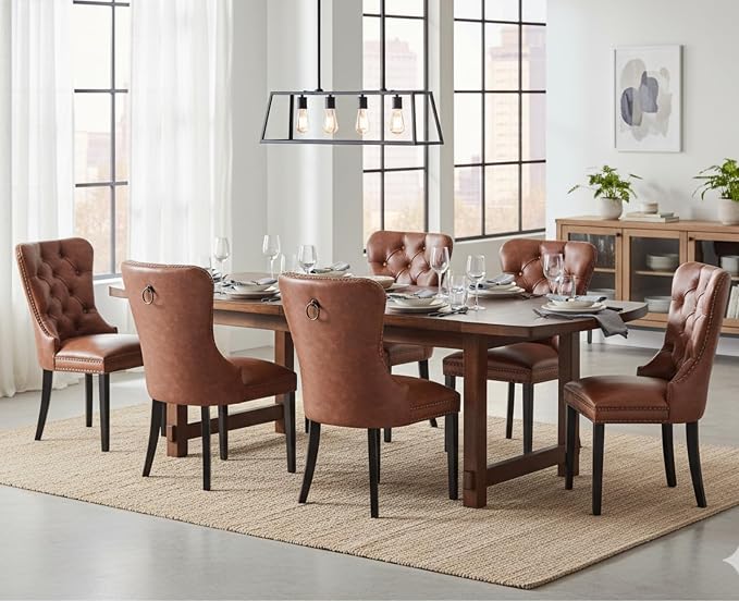 CIMOTA Brown Leather Dining Chairs Set of 6 Mid Century Modern Dining Room Chairs Tufted Upholstered Kitchen Dining Chairs Comfortable Side Chairs with Nailhead Trim/Ring Back (PU /6PCS)