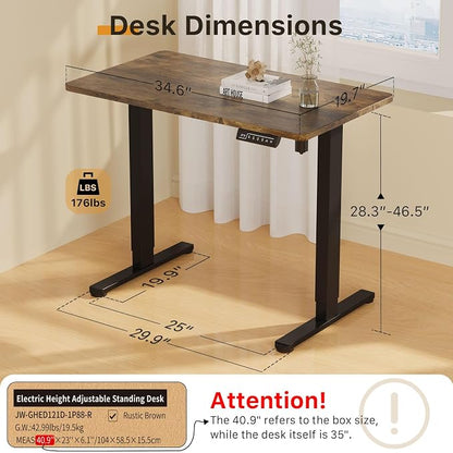 JOY worker Small Electric Standing Desk, 35" x 20" Whole Piece Height Adjustable Desk with Memory Controller, Sit to Stand Desk Workstation for Home Office, Rustic Brown