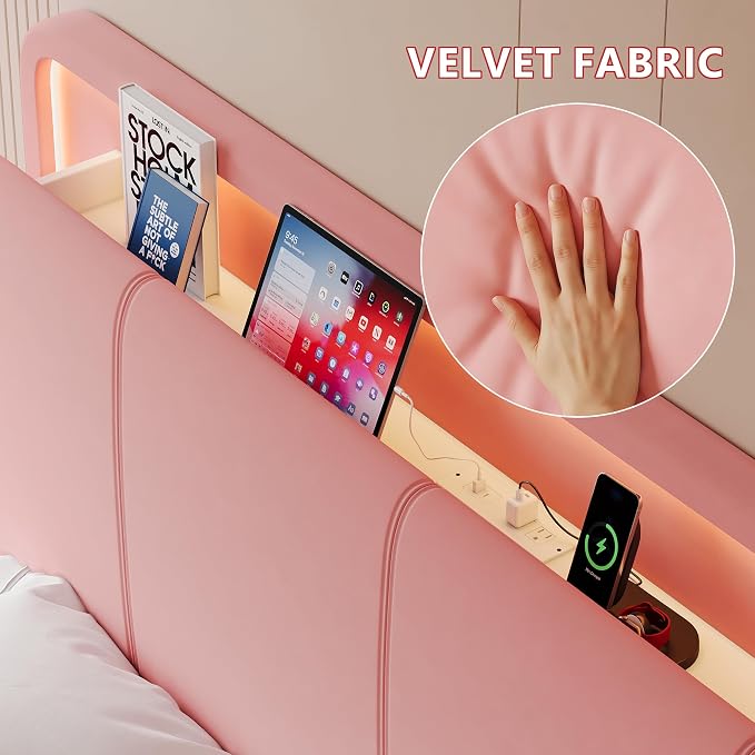 Feonase Queen Upholstered Bed Frame with Headboard and 2 Storage Drawers, Built-in Charging Station, Velvet Platform LED Bed with Solid Wood Slat Support, No Box Spring Needed, Pink
