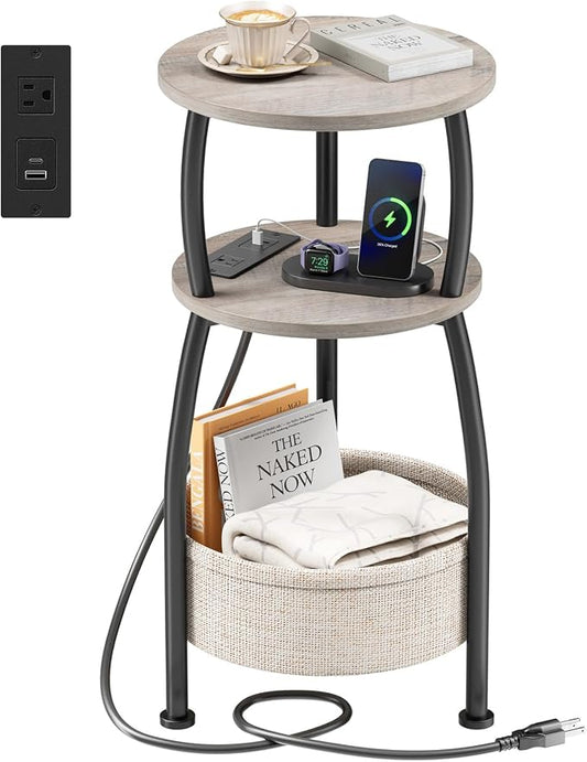 Small Side Table with Charging Station, Round End Table with Basket, USB Port and Outlet, 3 Tiers Sofa Couch Table Bedside Table for Living Room Bedroom, Small Spaces, 11.81in Greige