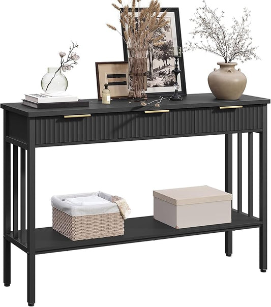 MAHANCRIS Console Table with 3 Drawers, Narrow Long Entry Table with Storage Shelf, 2-Tier Fluted Entryway Table, for Entryway, Living Room, Foyer, Hallway, Office, Black and Gold CTHB5201