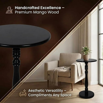 Relso Stambha Solid Wood Drink Table - 24" Tall Round Accent Side Table, Handcrafted Black Finish, Mango Wood, Perfect for Living Room, Bedroom or Indoor Plant Stand, 12" Compact Top