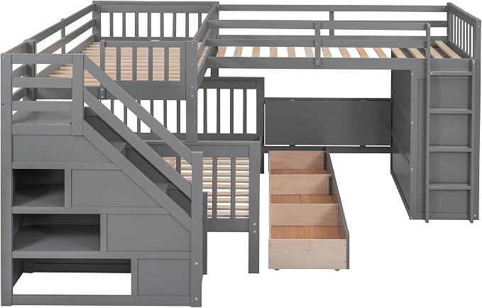 L-Shaped Bunk Bed for 4 Kids, Twin-Twin Over Full with 3 Drawers, Portable Desk and Wardrobe, Solid Wood Bedframe with Stairs and Full-Length Guardrails, No Box Spring Needed (Gray)
