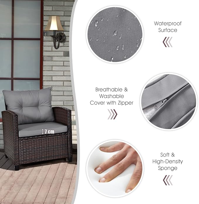 COSTWAY 3PCS Patio Furniture Set, PE Rattan Wicker Sofa w/Washable Cushion and Coffee Table, Tempered Glass Tabletop, Outdoor Conversation Set for Balcony, Porch, Yard, Backyard, Lawn (Grey)