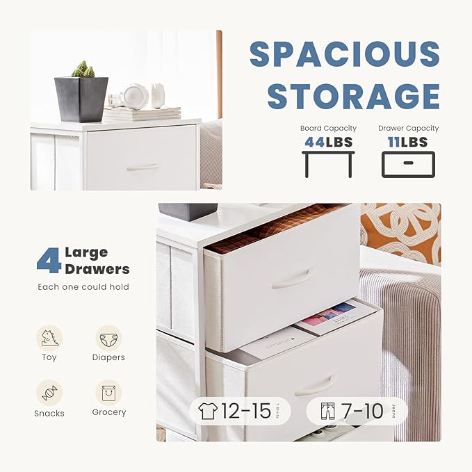 DUMOS Nightstand Bedside Table with 4 Drawers, Removable Fabric Bins with Steel Frame Wood Top, Organizer Furniture for Bedroom Closet Living Room, Chalky