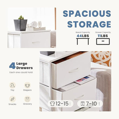 DUMOS Nightstand Bedside Table with 4 Drawers, Removable Fabric Bins with Steel Frame Wood Top, Organizer Furniture for Bedroom Closet Living Room, Chalky
