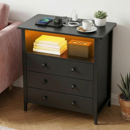 27 Inch LED Nightstand with Charging Station & 3 Drawers, Black | Solid Wood and Steel Frame, 2 AC Outlets, 2 USB Ports, RGB App Control, Open Storage, Adjustable Feet, for Bedroom or Office