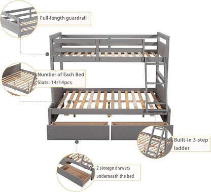 Merax Twin Over Full Bunk Bed, Wood Bunk Bed with Removable Ladders and Two Storage Drawers, Convertible into Two Individual Beds (Grey)