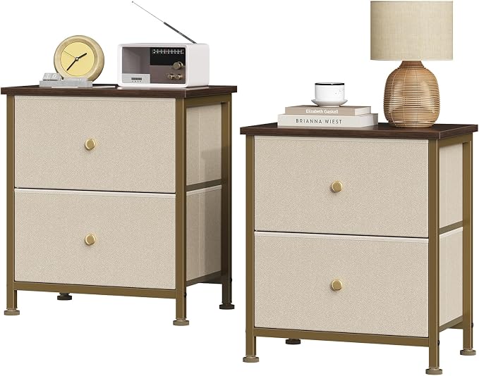 Sweetcrispy Nightstand Set of 2 with 2 Storage Drawers, Small Bedside Table | 20" Height Furniture End Table, Wooden Top Fabric Cabinet for Bedroom, Closet, Entryway, Khaki 2Pack