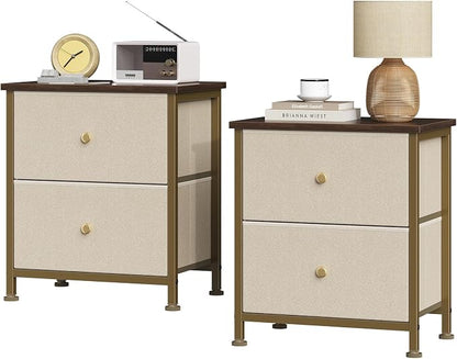Sweetcrispy Nightstand Set of 2 with 2 Storage Drawers, Small Bedside Table | 20" Height Furniture End Table, Wooden Top Fabric Cabinet for Bedroom, Closet, Entryway, Khaki 2Pack