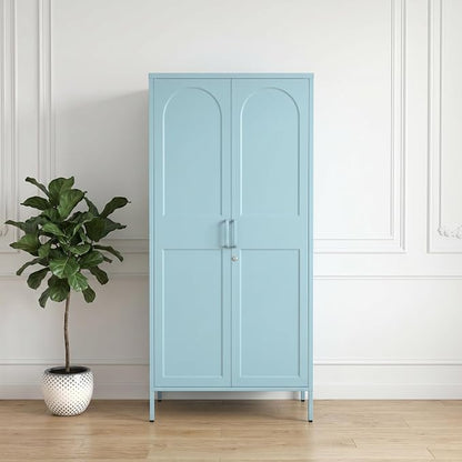 Lockable Vintage Blue Tall Metal Wardrobe, Freestanding Cold Rolled Steel Storage Cabinet with Arched Embossed Doors & Raised Feet for Home Office Size：67" H x 31.5" W x 18.1" D