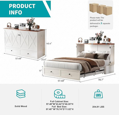 BALUS Full Size Murphy Bed with Mattress Included, 57'' W Murphy Bed Full with USB Charging Station & 2 Storage Drawers, Murphy Cabinet Beds for Living Room, Apartment, Home Office, Bedroom-White