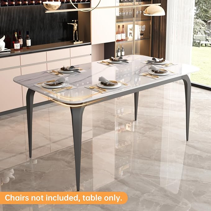 59" White Glossy Rectangular Sintered Stone Dining Table With Metal Legs | Heat, scratch and stain resistant tabletop, Silent Floor Pads, for small spaces like kitchens