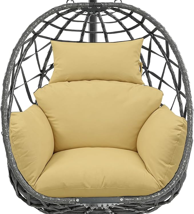Egg Chair Cushion Replacement, Waterproof Thicken Hanging Egg Swing Chair Cushion for Outdoor Furniture, Wicker Rattan Hammock Basket Cushion with Headrest Pillow 47x31.5x4.7 inch(Khaki)