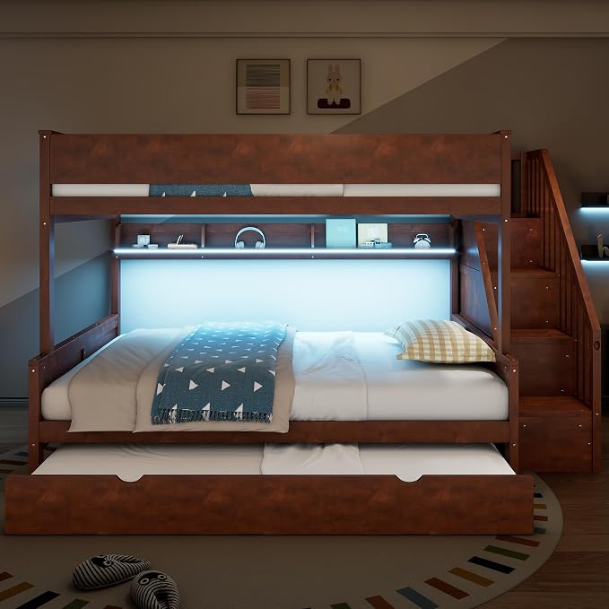 Modern Bunk Bed Full XL Over Queen Size with Storage Shelves and Staircase, Solid Wood Bunk Bed Frame with Trundle and LED Light for Kids Teens Adults (Walnut-3.9)