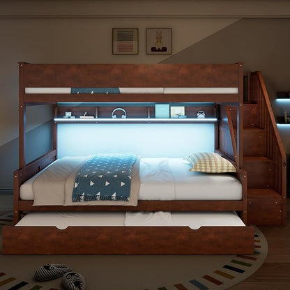 Modern Bunk Bed Full XL Over Queen Size with Storage Shelves and Staircase, Solid Wood Bunk Bed Frame with Trundle and LED Light for Kids Teens Adults (Walnut-3.9)