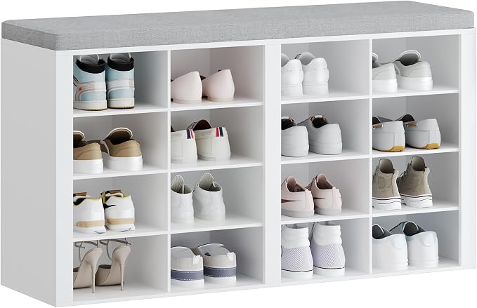 Hzuaneri Shoe Bench with Cushion, Entryway Storage Bench with 16 Cubbies, Cubby Shoe Rack with Adjustable Shelves, Shoe Organizer Cabinet for Living Room, Bedroom, Entryway, White SB25603GY