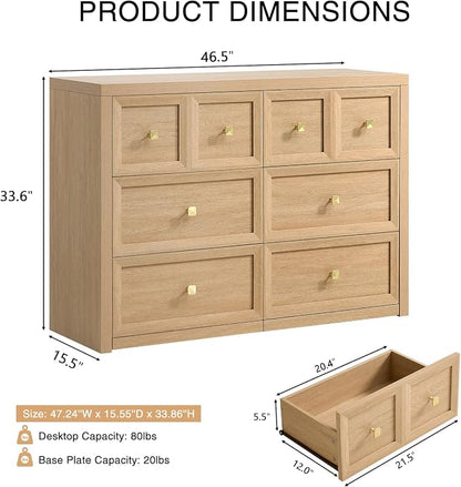 4 Piece Bedroom Set - Includes 6 Drawer Dresser, 5 Drawer Wood Dresser and 3 Drawer King Size Nightstands Set of 2 with Charging Station, 4 Piece Farmhouse Dresser and Nightstand Sets,Natural
