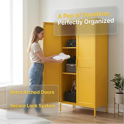 Lockable Yellow Tall Metal Wardrobe 67 Inch, Vintage Arched Door Steel Storage Cabinet with Adjustable Shelves & Leveling Feet for Home Office Bedroom Size：67" H x 31.5" W x 18.1" D