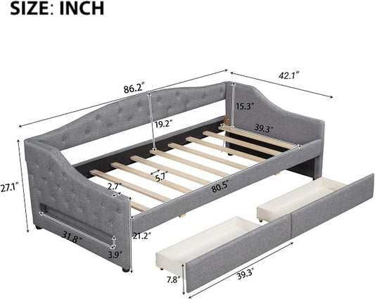 Merax Twin XL Size Modern Upholstered Platform Bed with 2 Drawers, Linen Sofa Daybed with Wood Slat Support, Storage Bed Frame, Space Saving/Gray