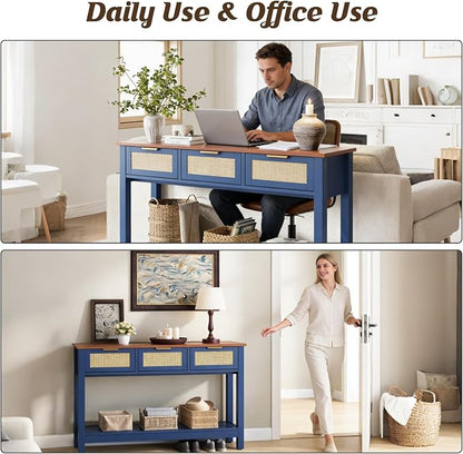 Luoxiao 47" Blue Entryway Table with 3 Rattan Drawers & Open Shelf Storage | Narrow Console Sofa Tables for Living Room, Entry Table for Hallway, Foyer, Couch, Easy Assembly, Anti-tip Kit, Space Saving