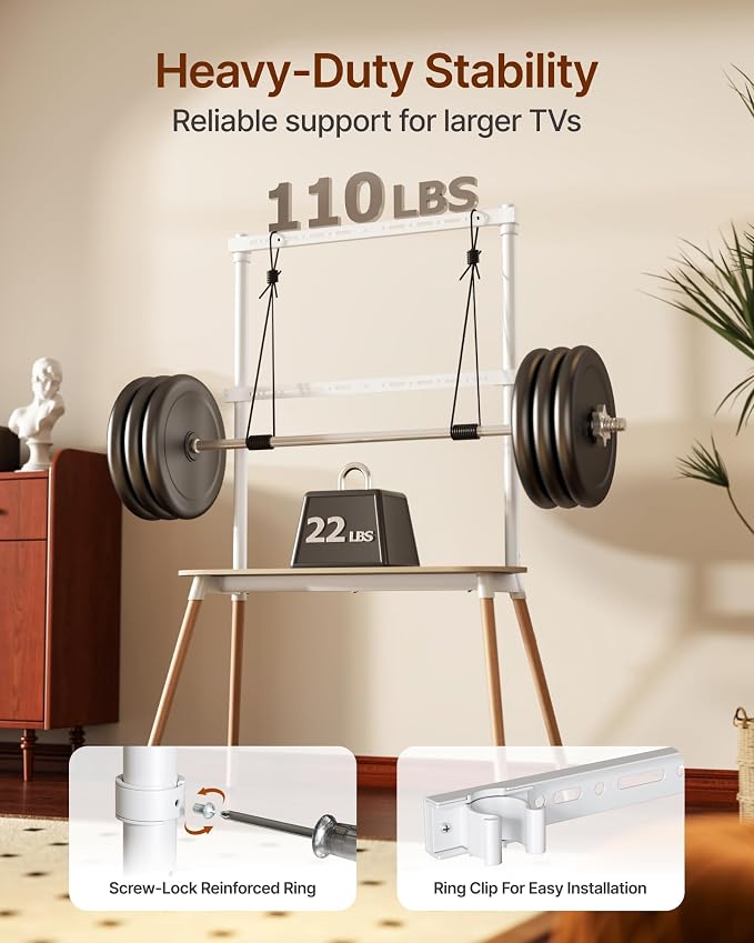 Easel Floor TV Stand with Storage for 49-86 inch TVs, Height Adjustable 4-Leg Universal TV Stand with Cable Management & Protective Pads, Holds 110 lbs for Living Room, Office, School, White