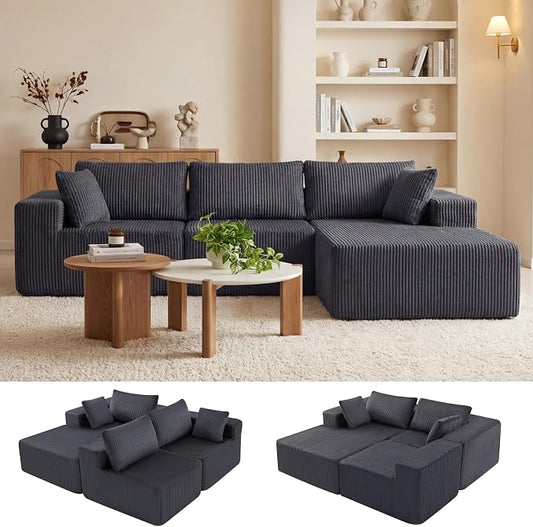 DUMOS 108" L-Shaped Sectional Boneless Couch for Living Room, Upholstered Corduroy Sofa with Deep Seat for Small Apartment, Bedroom, No Assembly in a Box, Right Facing Chaise, Grey