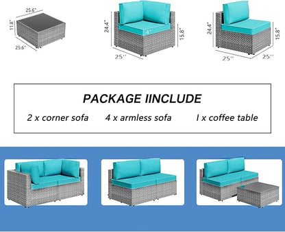 7 Piece Outdoor Patio Furniture Set, Silver Rattan Wicker Sectional Sofa, All Weather Conversation Set with Washable Cushions & Glass Coffee Table for Backyard Poolside Garden Porch,Blue