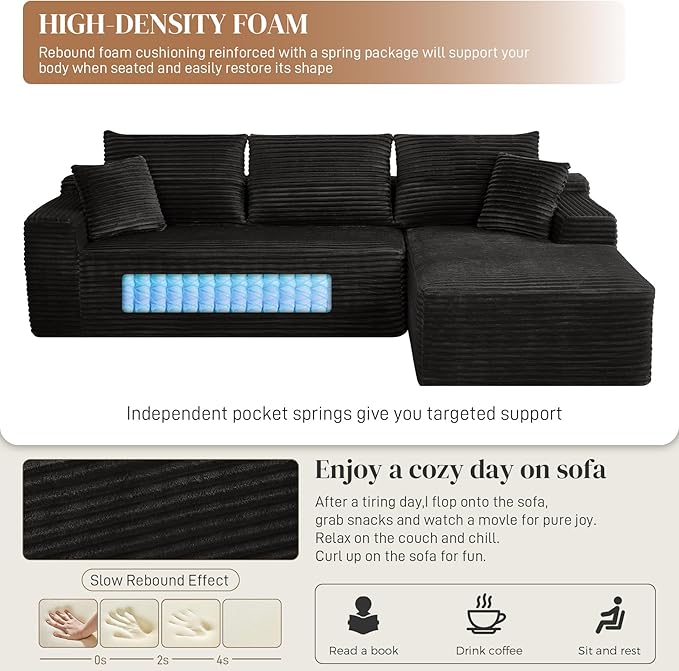 108" L Shaped Cloud Boneless Sectional Couches for Living Room, Modern Comfy Modular Deep Seat Memory Foam Compressed Corduroy Sofa Oversized Right Facing Chaise, No Assembly Required, Balck